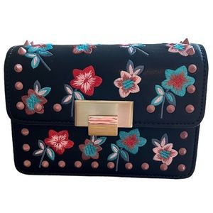 Topshop Crossbody Purse With Embroidered Flowers, Spikes and Gold Chain